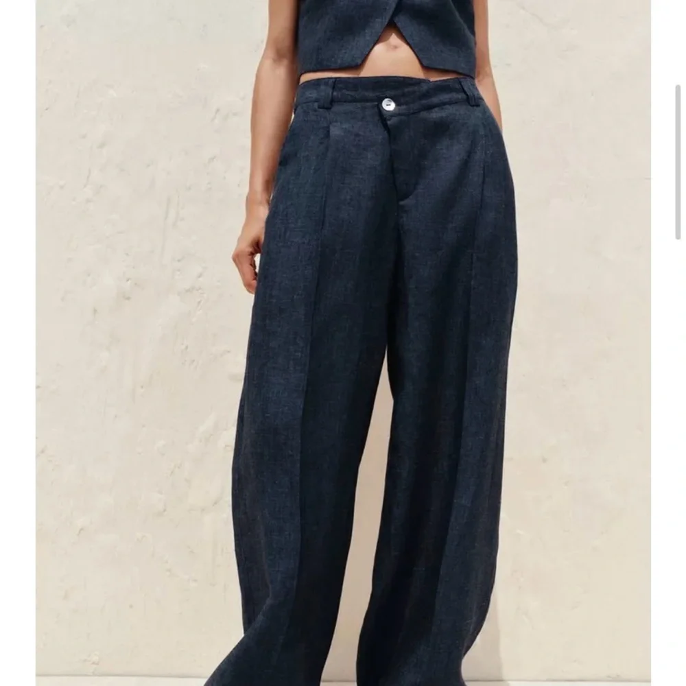 100% LINEN WRAP WAIST PANTS INDIGO. SIZE LARGE